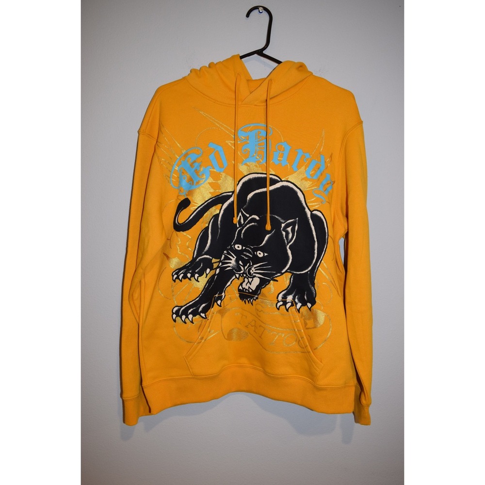 Ed Hardy Hoodie Mens Medium Gold Black‎ Panther Tattoo Graphic Pullover